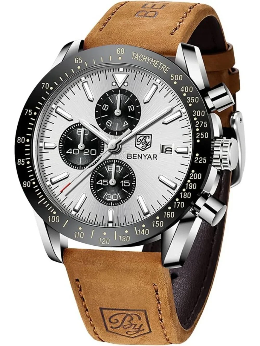Men's White Dial Analog Brown Silicone Strap Chronograph Luminous Casual Watch